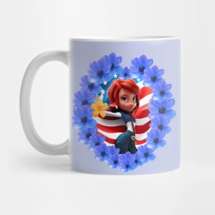 Flag of the United States flies high along with beautiful heart-shaped flowers. Mug